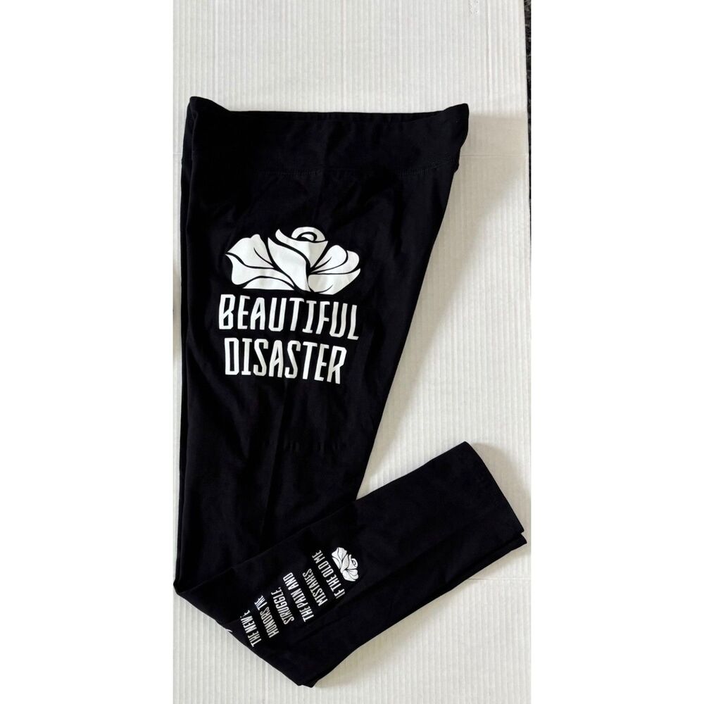 Beautiful Disaster Womens Large Black Graphic Leggings Roses Wings Motivational